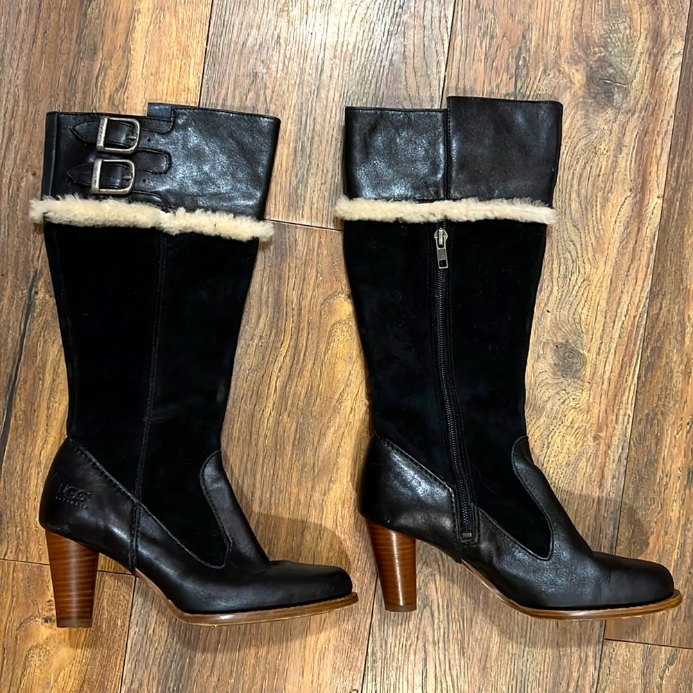 UGG wooden heel black leather boots SIZE 6